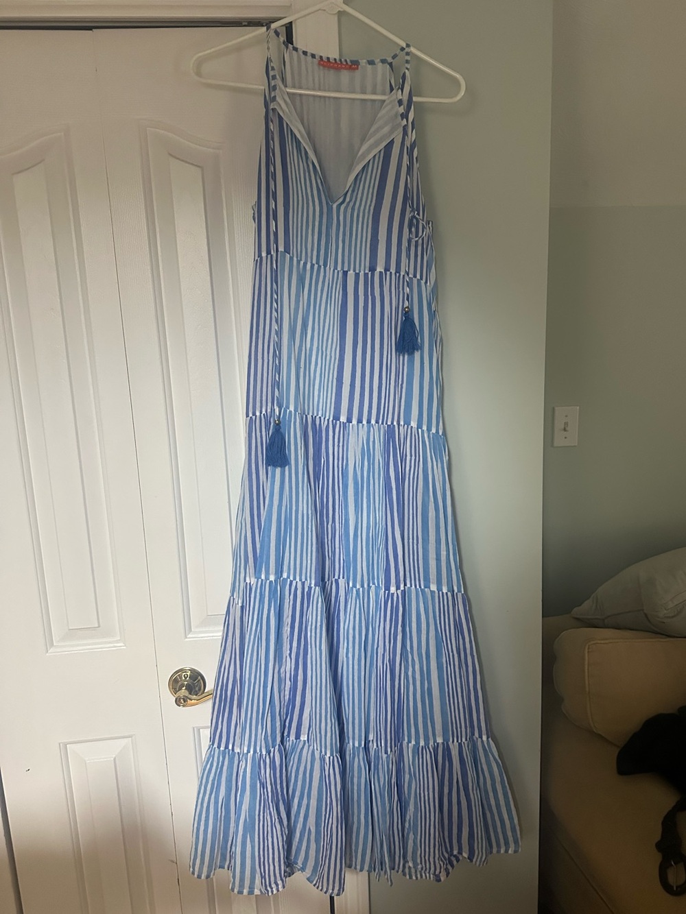 OLIPHANT Medium striped blue maxi dress sleeveless tassel